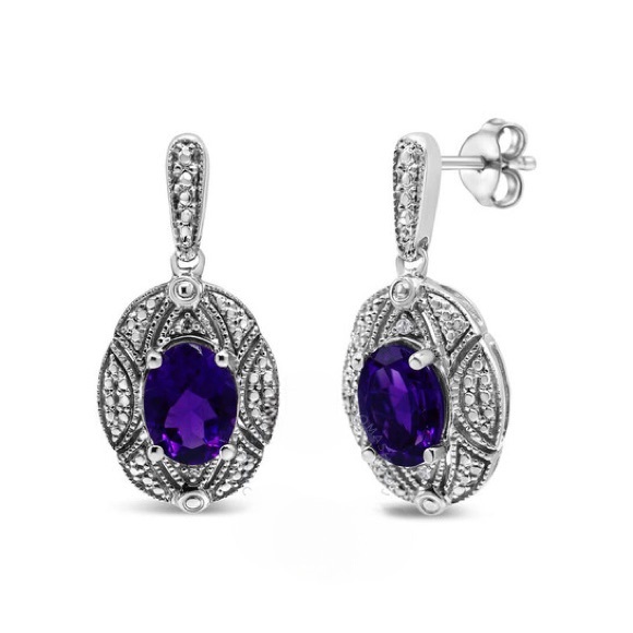 Haus of Brilliance Sterling Silver Diamond Accent and Amethyst Stud Earrings - Picture 2 of 5